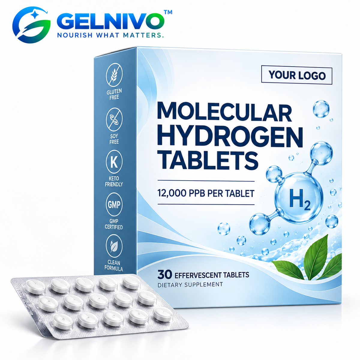 Molecular Hydrogen Effervescent Tablets 12,000 PPB with Magnesium | OEM/ODM Private Label