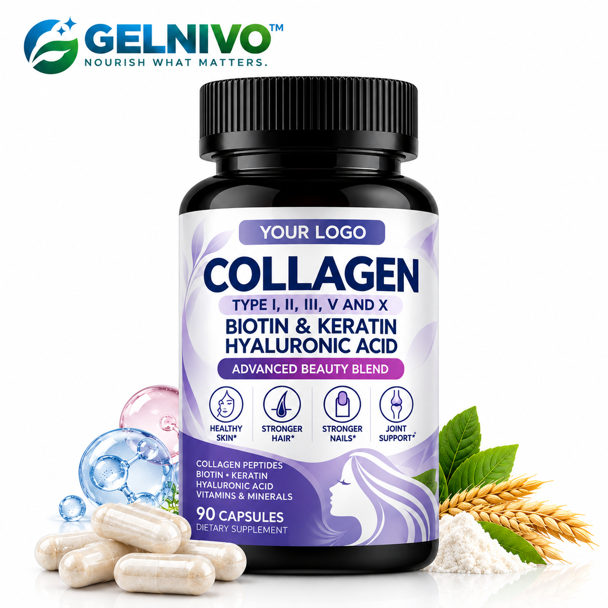 Multi Collagen Capsules with Biotin, Keratin & Hyaluronic Acid | OEM/ODM Private Label