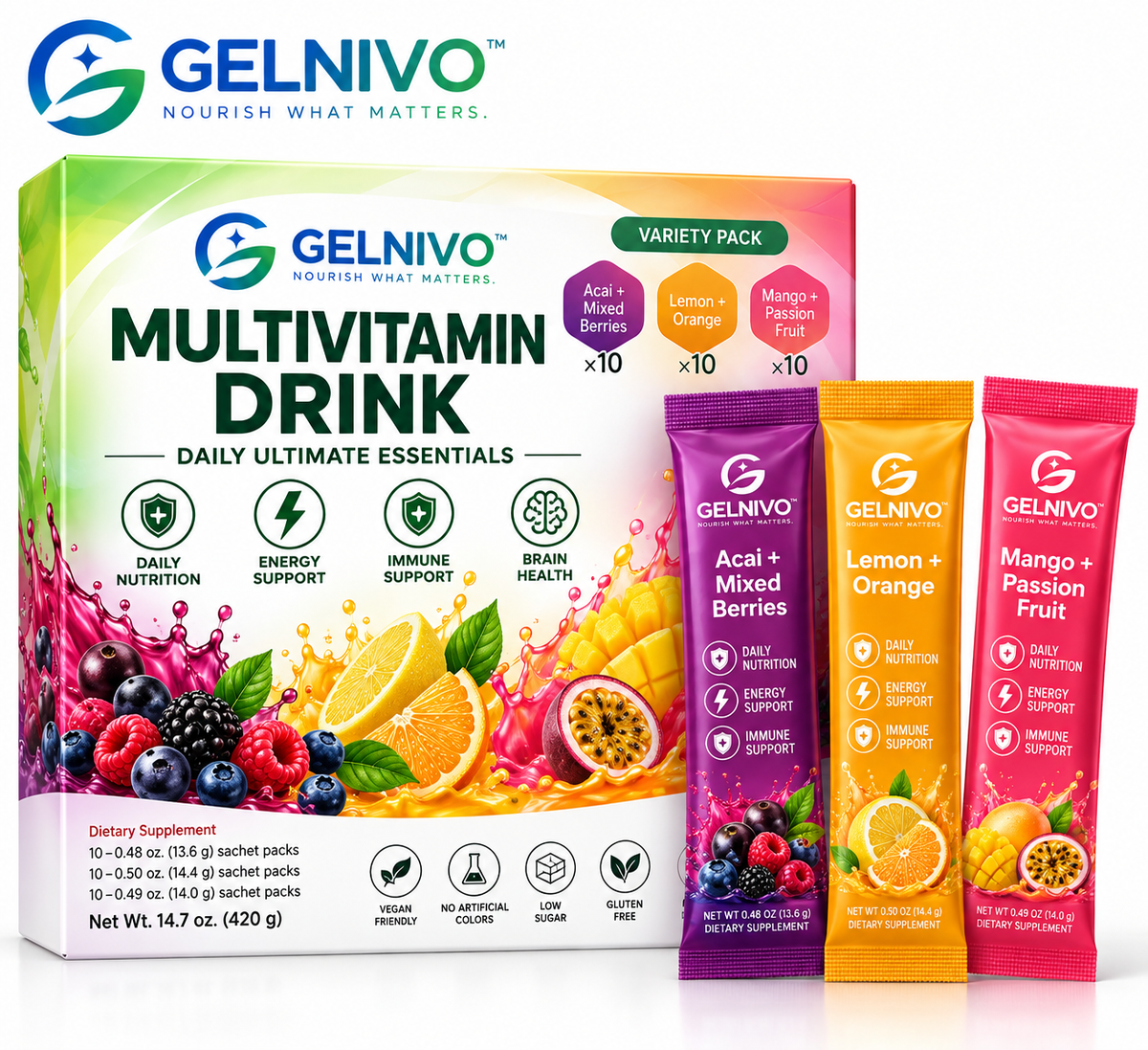 Multivitamin Superfood Drink Powder with Probiotics, Electrolytes, Greens & Mushrooms – 3 Flavor Variety Pack | OEM/ODM Private Label