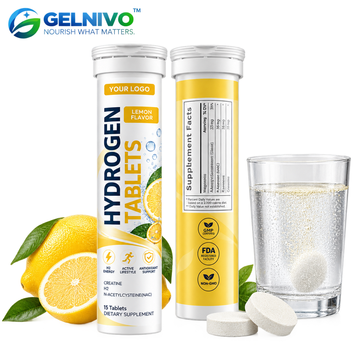 Molecular Hydrogen Effervescent Tablets with Magnesium, NAC, Resveratrol & Creatine – Lemon Flavor | OEM/ODM Private Label