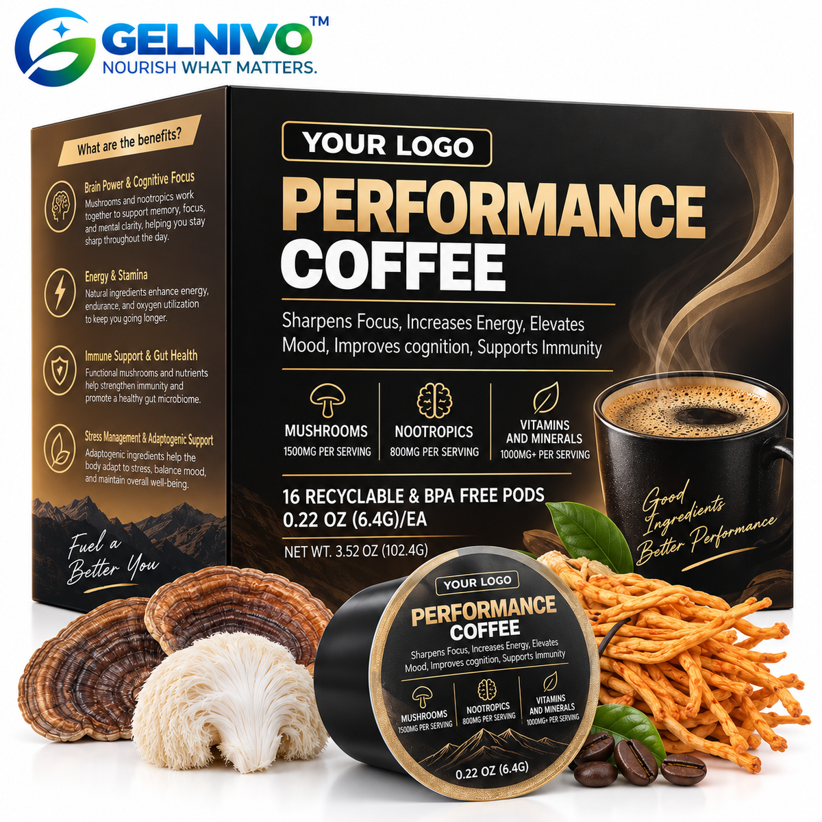 Performance Mushroom Coffee Pods with Nootropics, Vitamins & Minerals for Focus & Energy | OEM/ODM Private Label