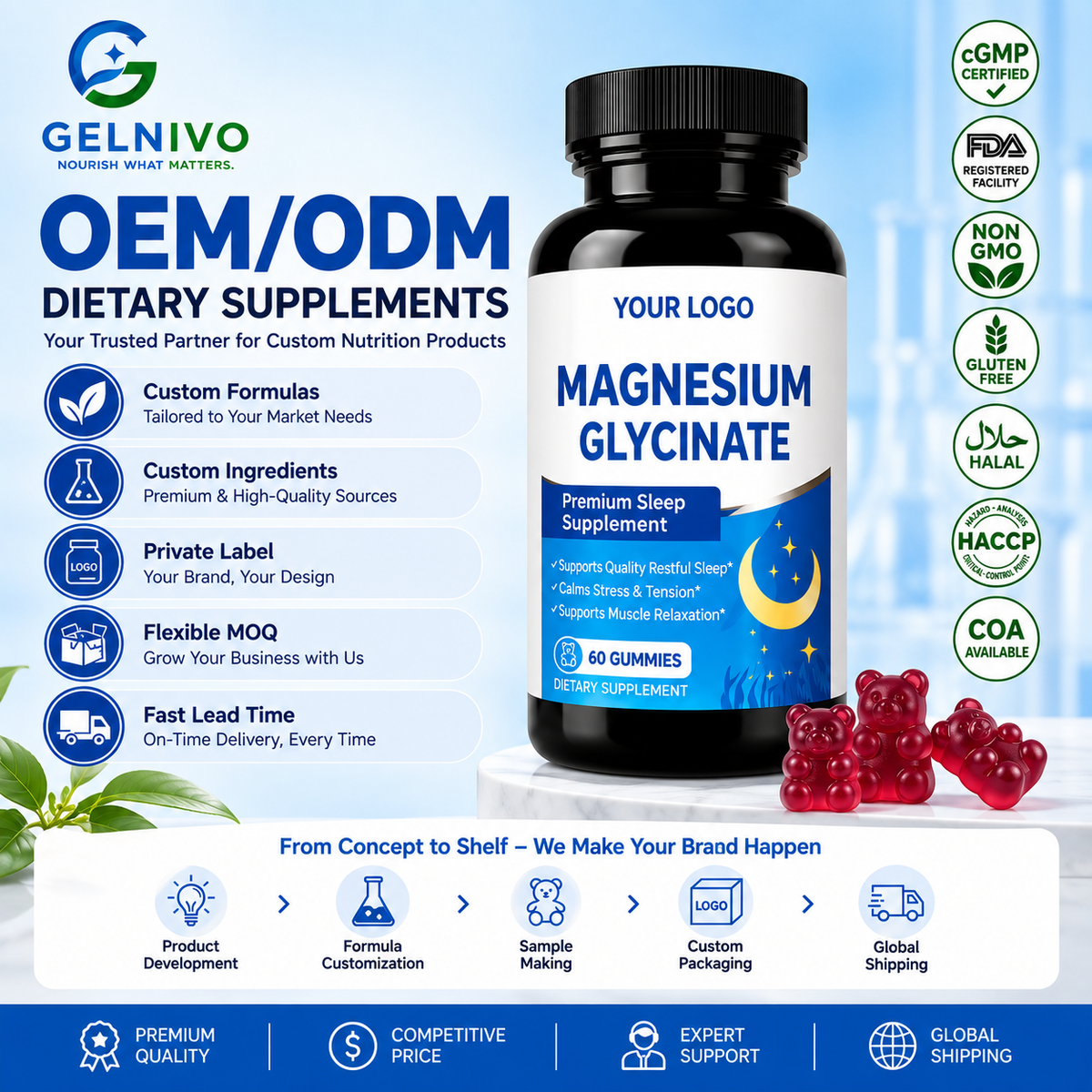 Magnesium Glycinate Sleep Support Gummies with Calcium, Vitamin D3, B6 & CoQ10 | OEM/ODM Private Label