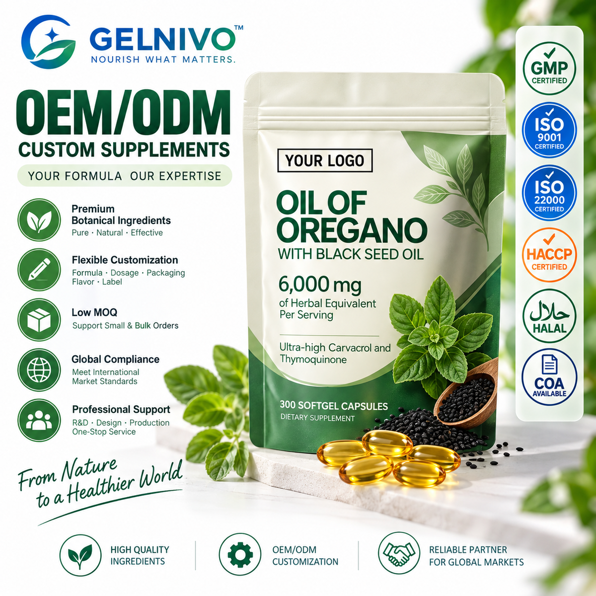 Oil of Oregano with Black Seed Oil 6,000mg Herbal Equivalent Softgels | OEM/ODM Private Label