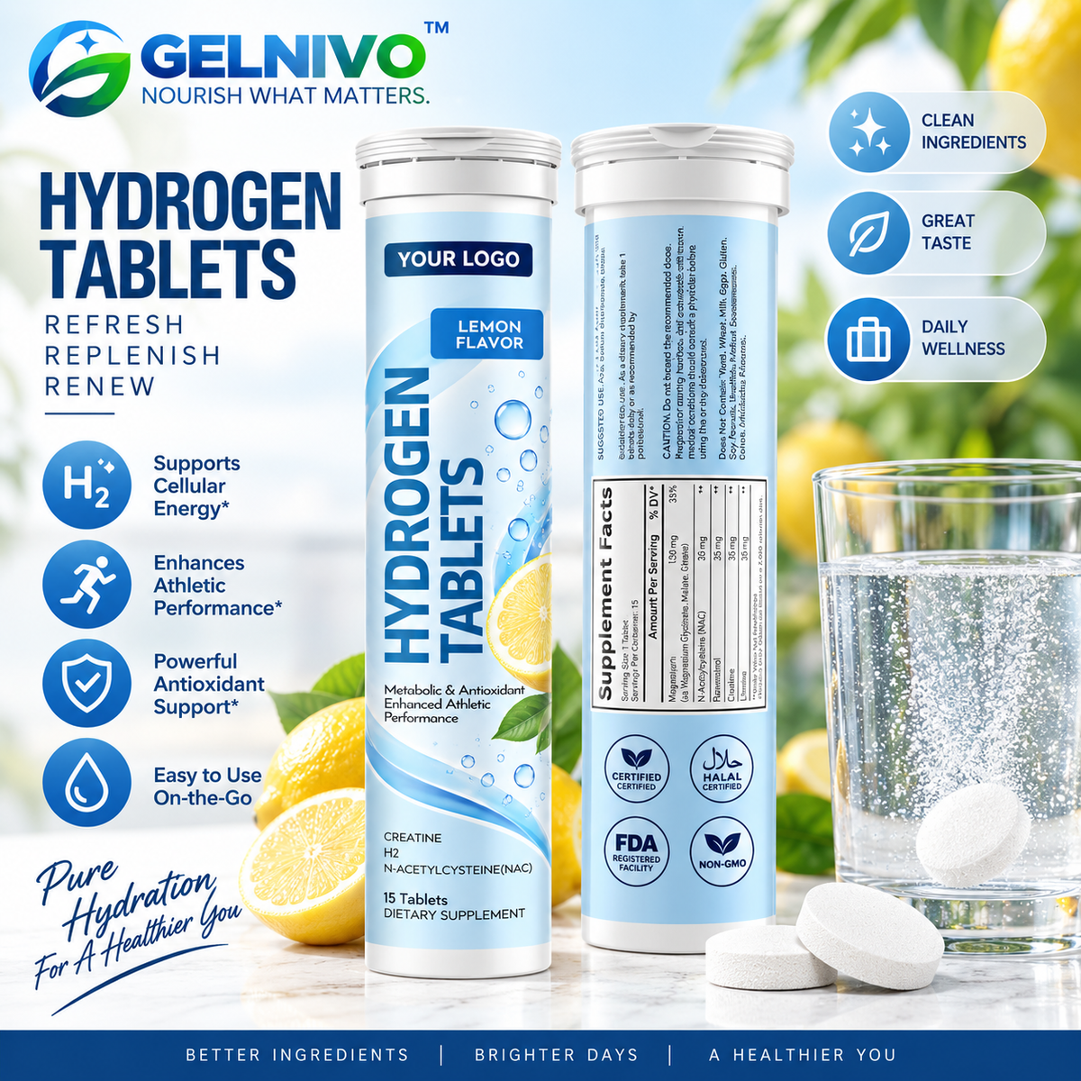 Molecular Hydrogen Effervescent Tablets with Magnesium, NAC, Resveratrol & Creatine – Lemon Flavor | OEM/ODM Private Label
