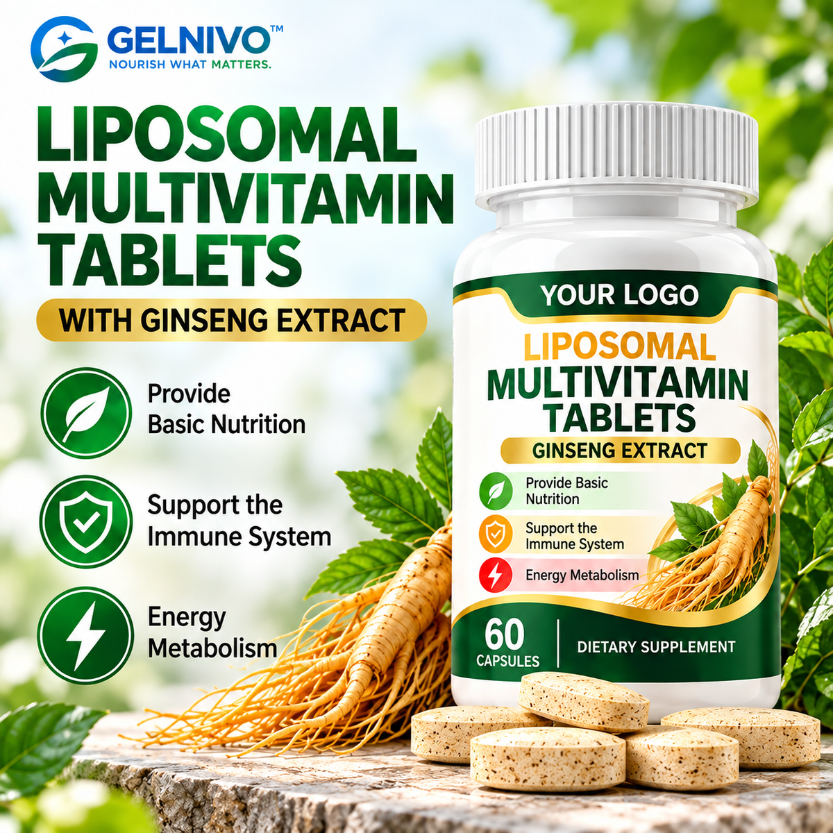 Liposomal Multivitamin Tablets with Ginseng Extract for Daily Wellness & Immune Support | OEM/ODM Private Label