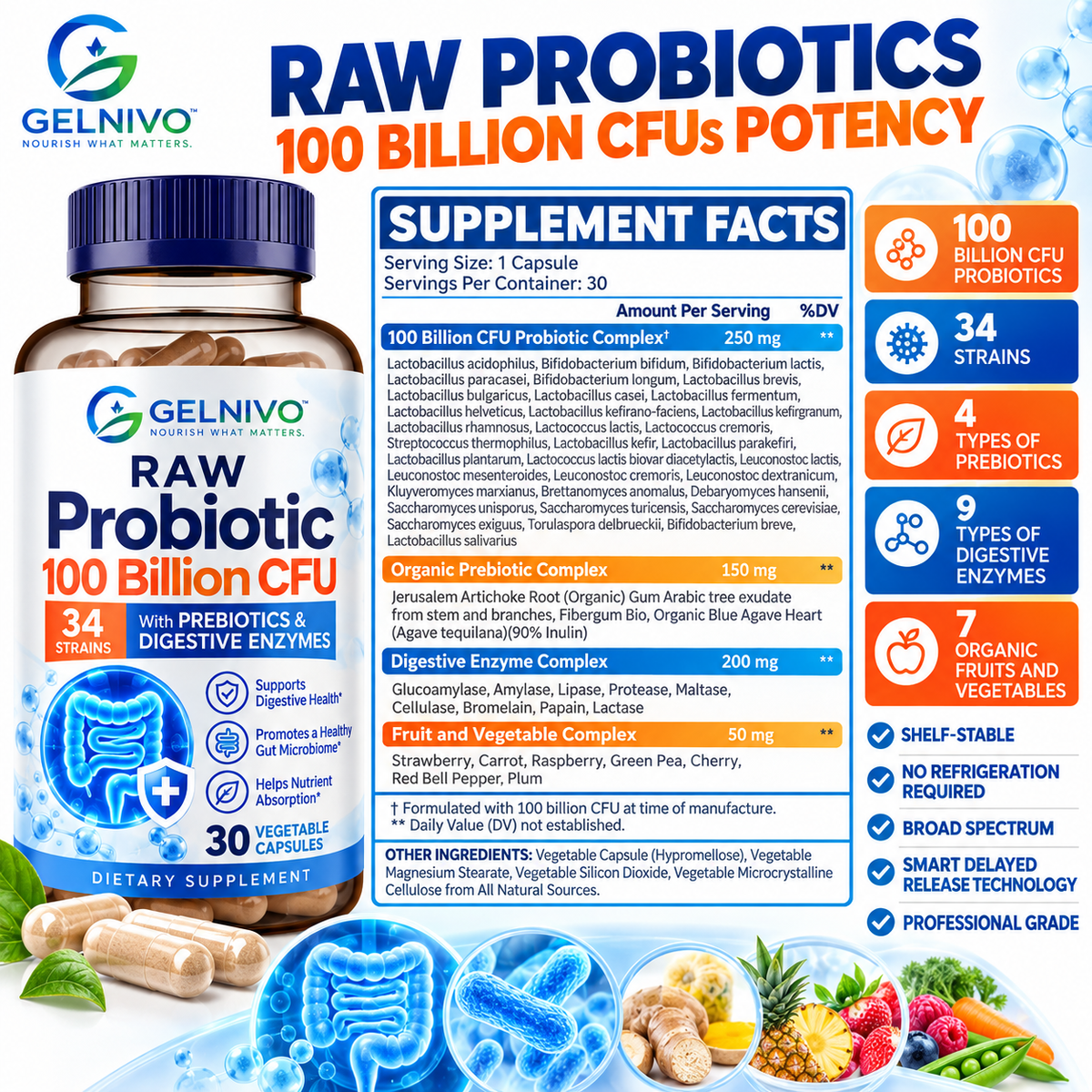 Raw Probiotic 100 Billion CFU 34 Strains with Prebiotics & Digestive Enzymes | OEM/ODM Private Label