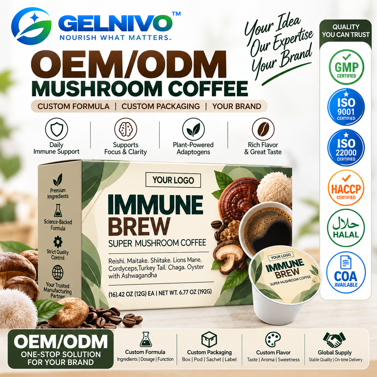 Immune Brew Super Mushroom Coffee with 8 Functional Mushrooms & Ashwagandha | OEM/ODM Private Label