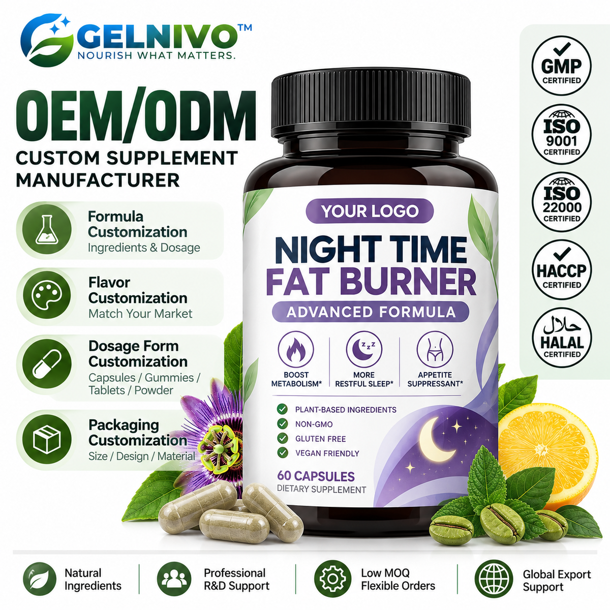 Night Time Fat Burner Capsules for Metabolism, Appetite & Sleep Support | OEM/ODM Private Label