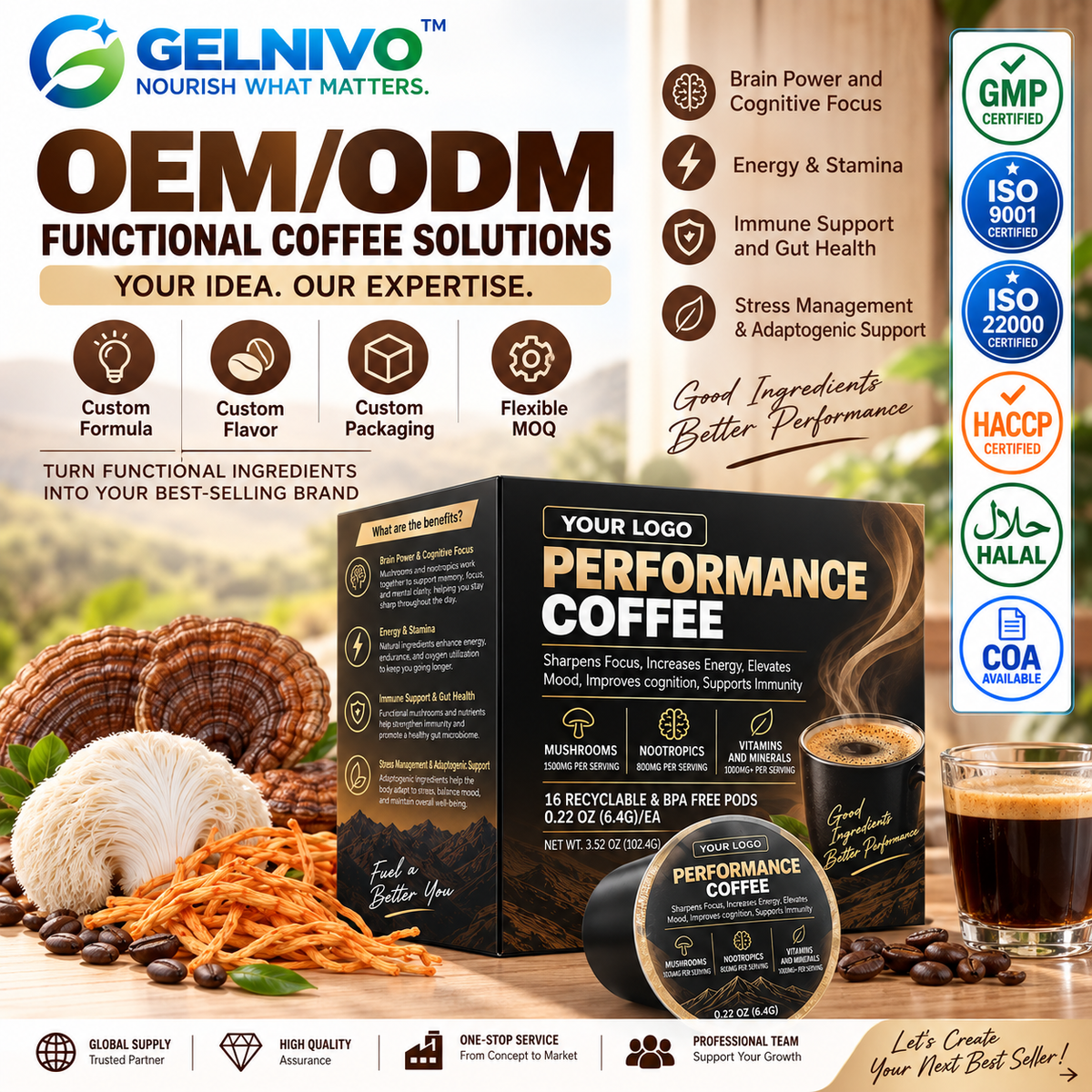 Performance Mushroom Coffee Pods with Nootropics, Vitamins & Minerals for Focus & Energy | OEM/ODM Private Label