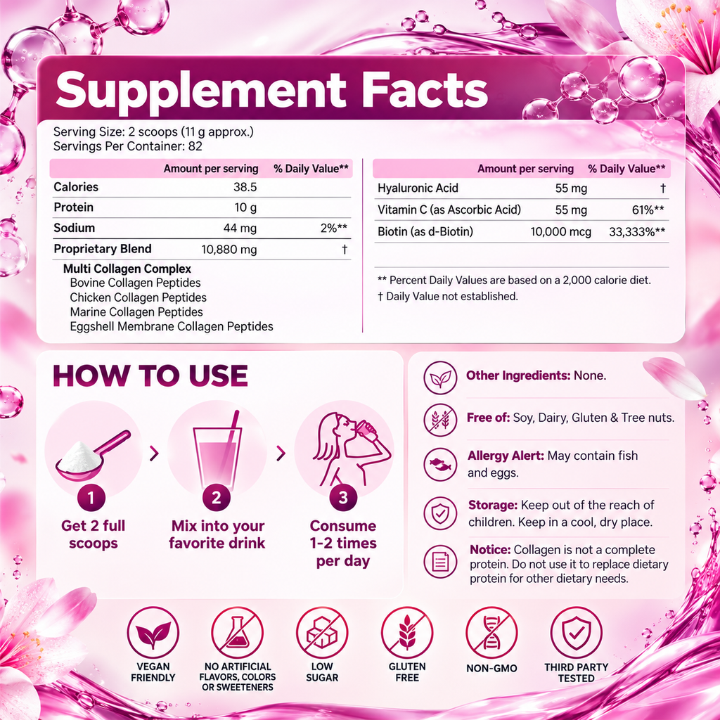 Multi Collagen Peptides Powder Types I, II, III, V & X with Biotin, Vitamin C & Hyaluronic Acid | OEM/ODM Private Label