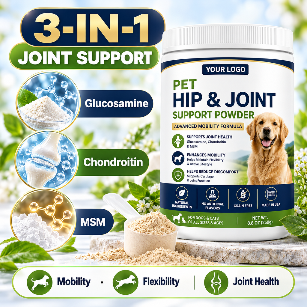 Private Label Pet Hip & Joint Support Powder for Dogs & Cats – Glucosamine, Chondroitin & MSM