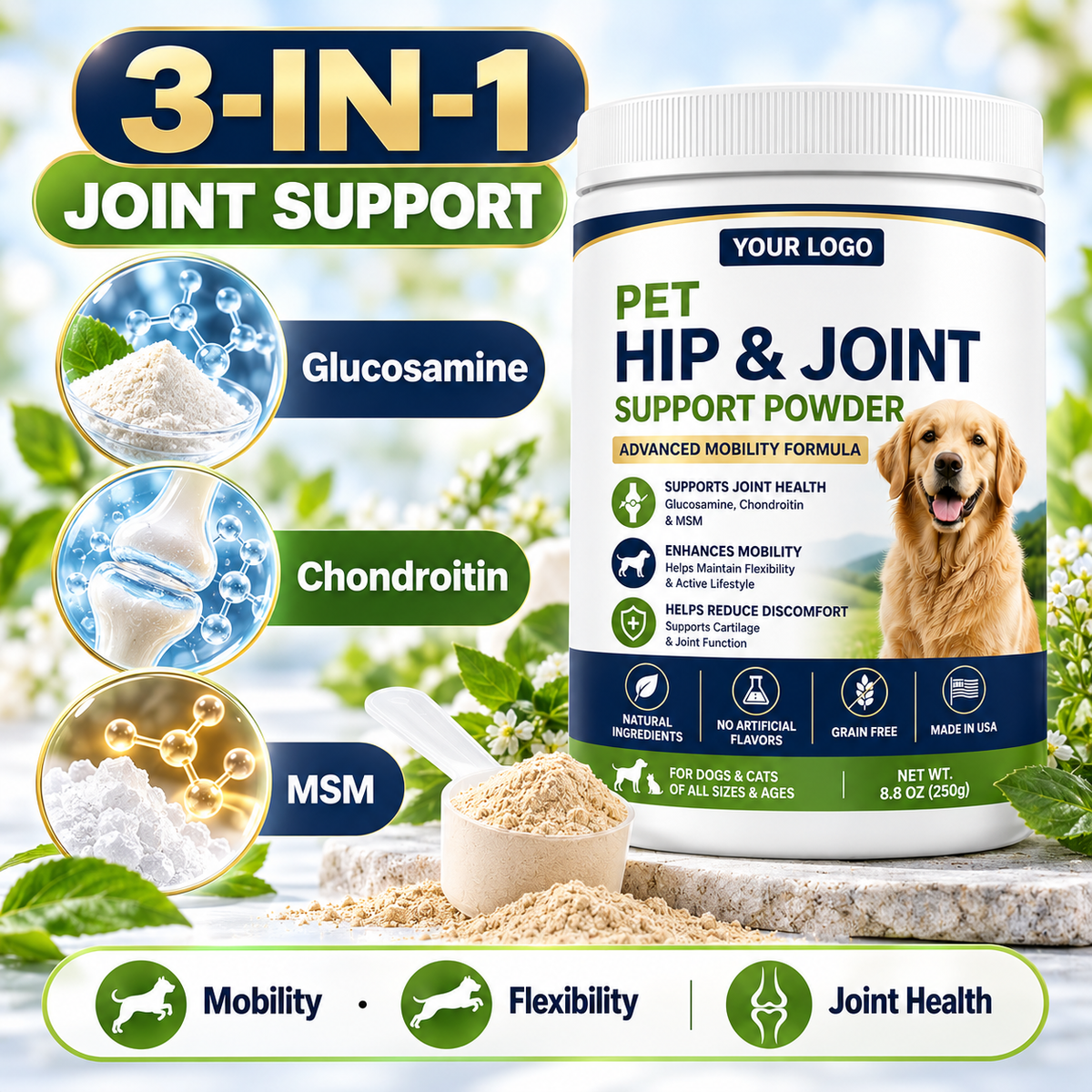 Private Label Pet Hip & Joint Support Powder for Dogs & Cats – Glucosamine, Chondroitin & MSM