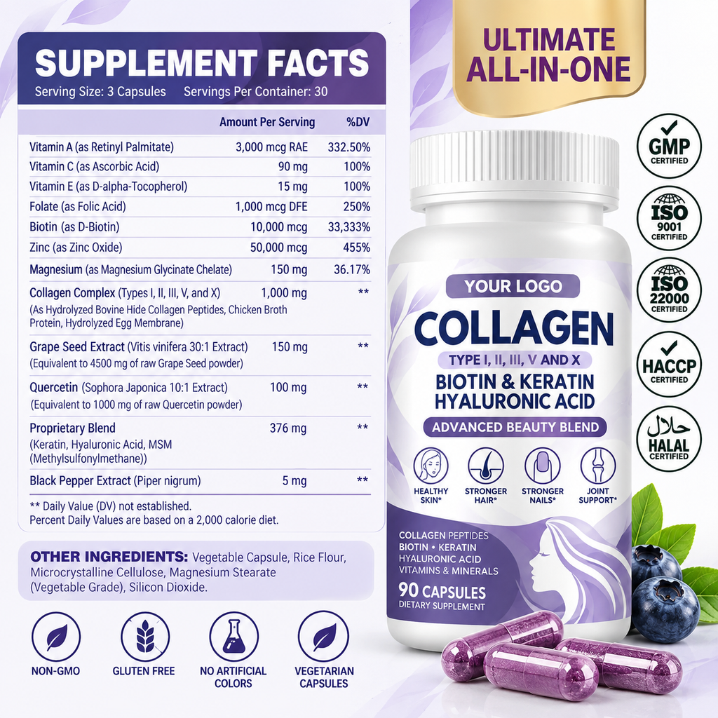 Multi Collagen Capsules with Biotin, Keratin & Hyaluronic Acid | OEM/ODM Private Label