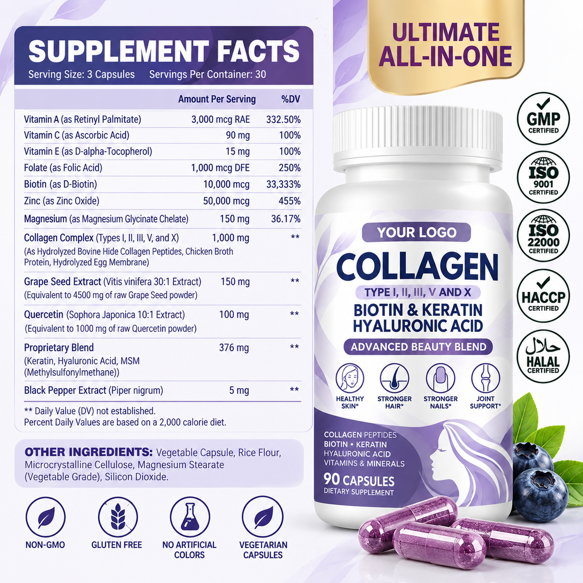 Multi Collagen Capsules with Biotin, Keratin & Hyaluronic Acid | OEM/ODM Private Label