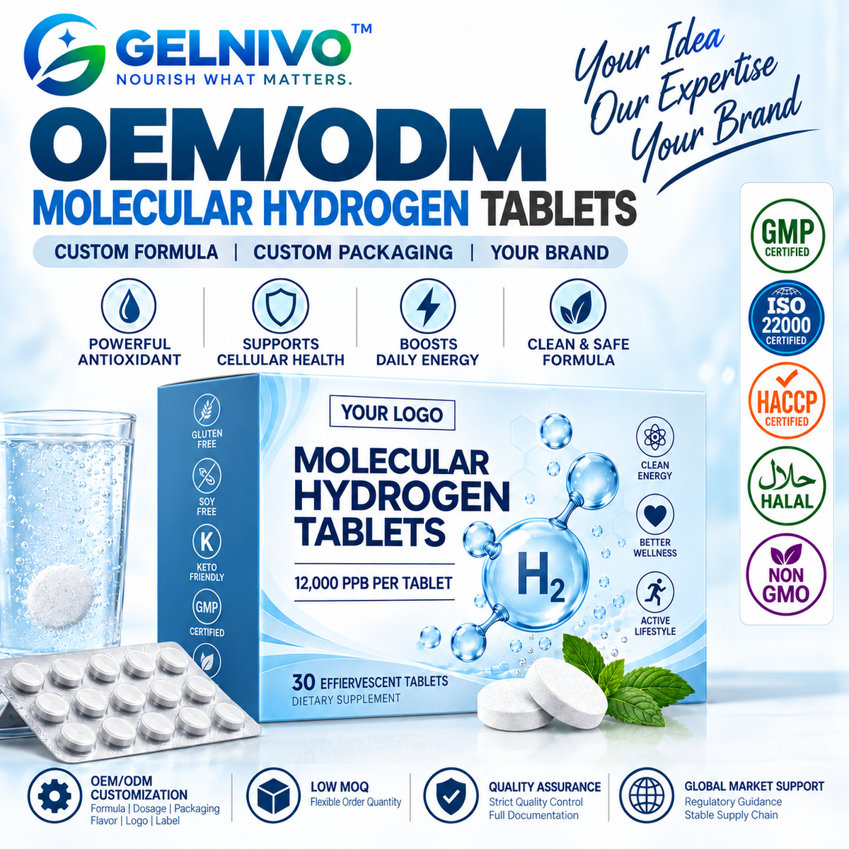 Molecular Hydrogen Effervescent Tablets 12,000 PPB with Magnesium | OEM/ODM Private Label