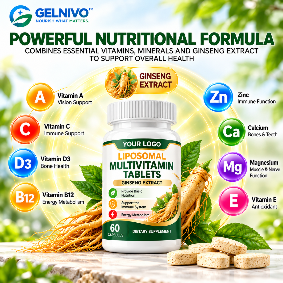 Liposomal Multivitamin Tablets with Ginseng Extract for Daily Wellness & Immune Support | OEM/ODM Private Label