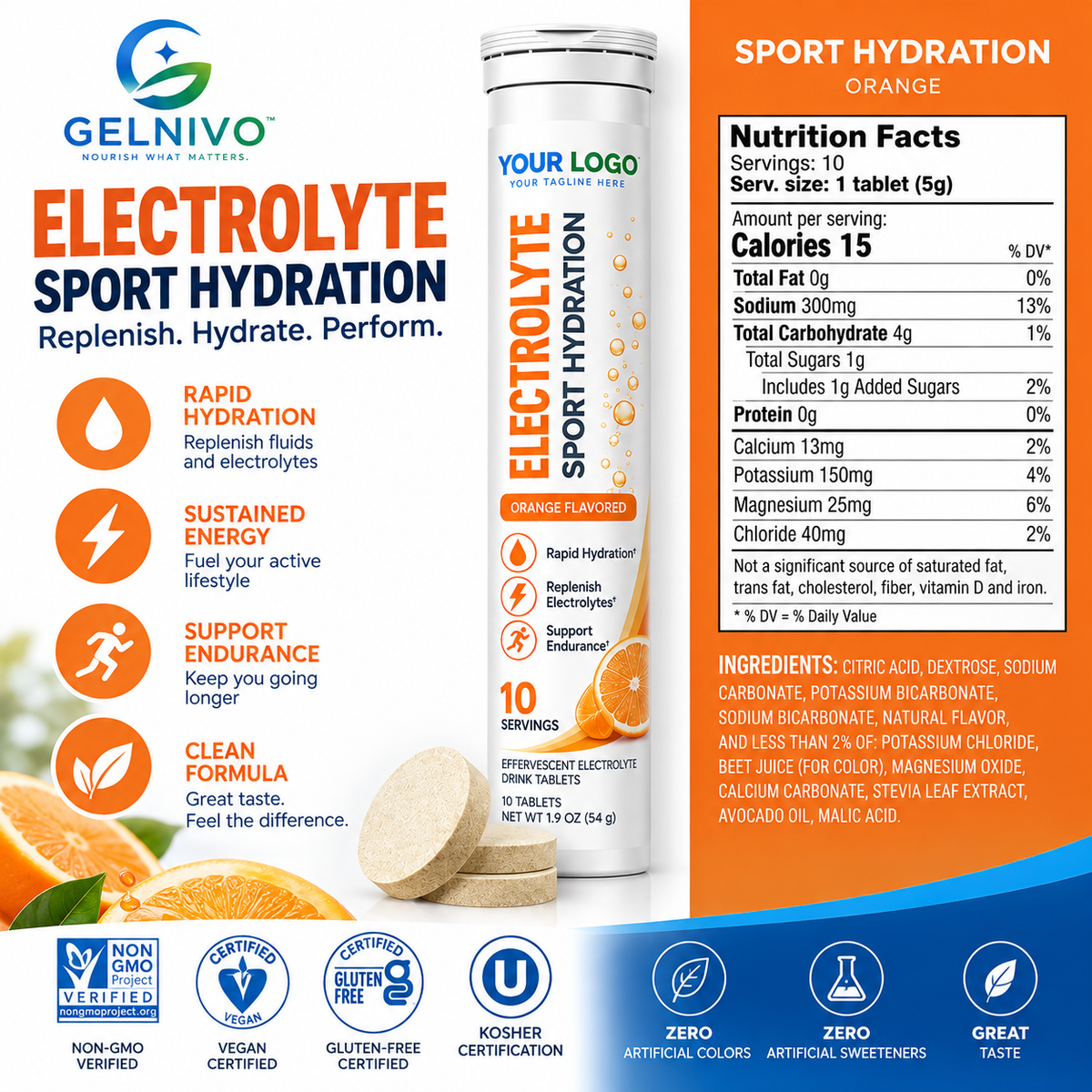 Electrolyte Hydration Effervescent Tablets Orange Flavor | OEM/ODM Private Label