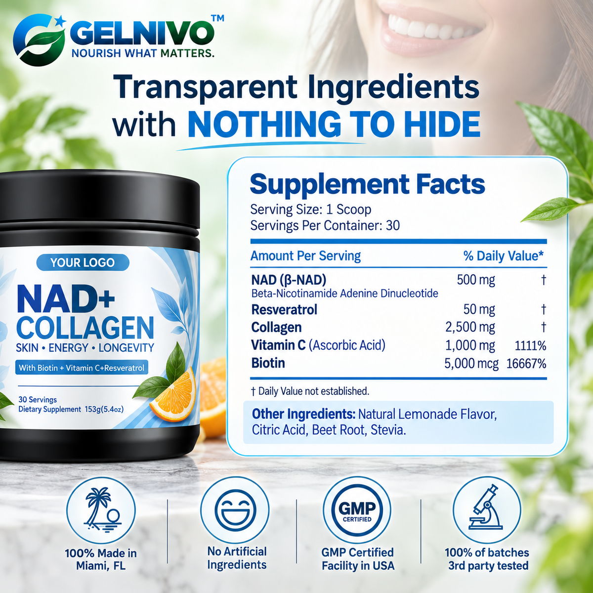 NAD+ Collagen Powder with Resveratrol, Biotin & Vitamin C | OEM/ODM Private Label
