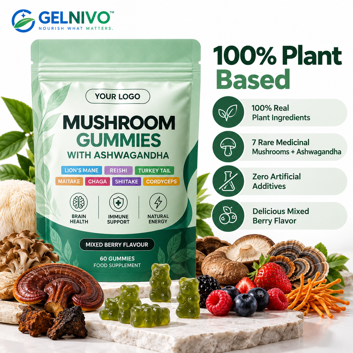 7 Mushroom Complex Gummies with Ashwagandha for Focus, Immunity & Energy | OEM/ODM Private Label