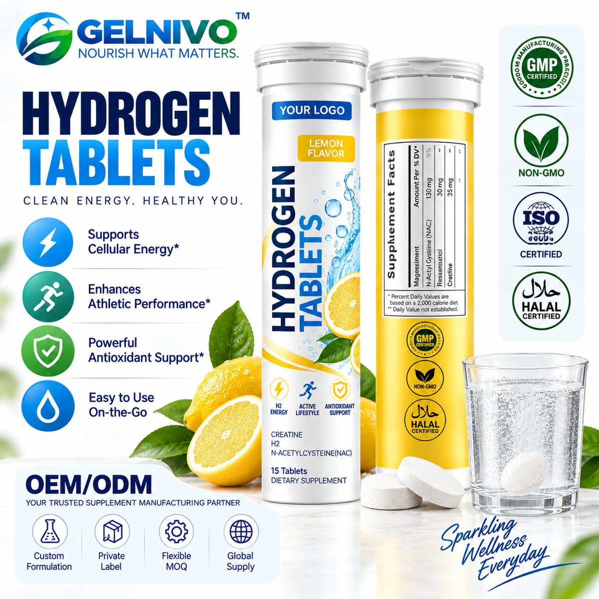 Molecular Hydrogen Effervescent Tablets with Magnesium, NAC, Resveratrol & Creatine – Lemon Flavor | OEM/ODM Private Label
