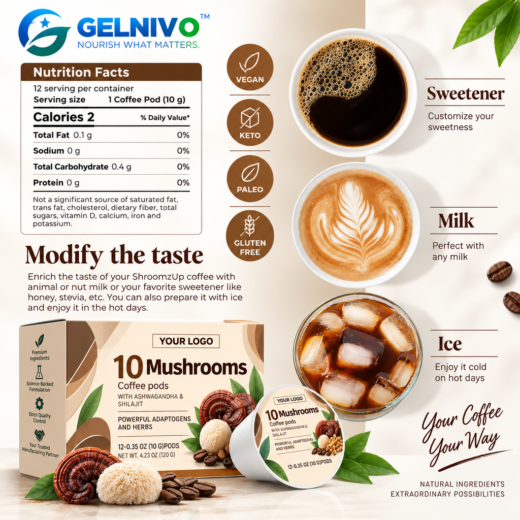 10 Mushroom Functional Coffee Pods with Ashwagandha & Shilajit for Focus & Energy | OEM/ODM Private Label