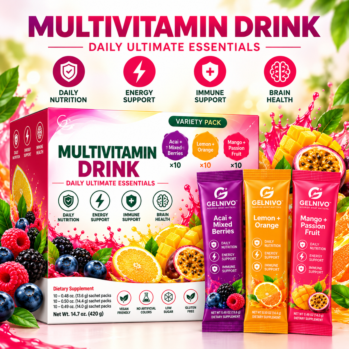 Multivitamin Superfood Drink Powder with Probiotics, Electrolytes, Greens & Mushrooms – 3 Flavor Variety Pack | OEM/ODM Private Label