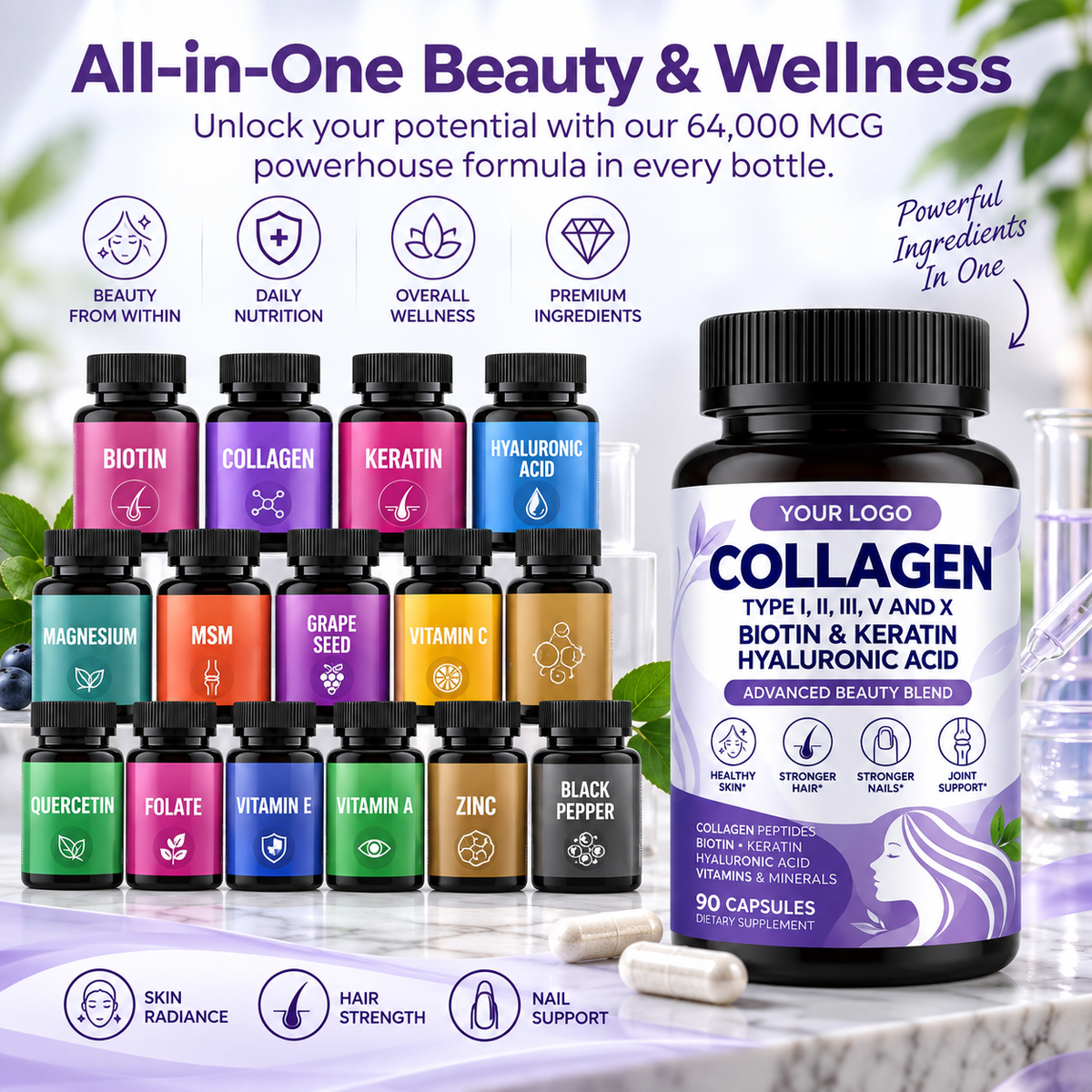 Multi Collagen Capsules with Biotin, Keratin & Hyaluronic Acid | OEM/ODM Private Label