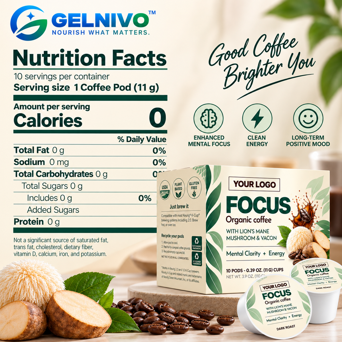 Organic Coffee Pods with Lion's Mane Mushroom & Yacon for Focus & Energy | OEM/ODM Private Label