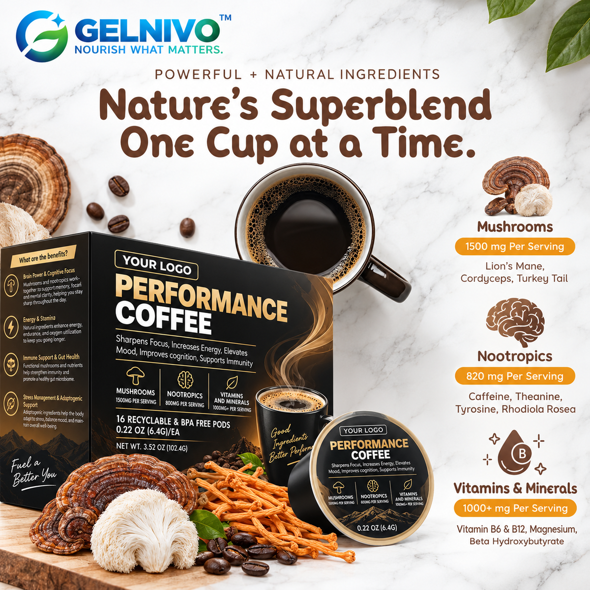 Performance Mushroom Coffee Pods with Nootropics, Vitamins & Minerals for Focus & Energy | OEM/ODM Private Label