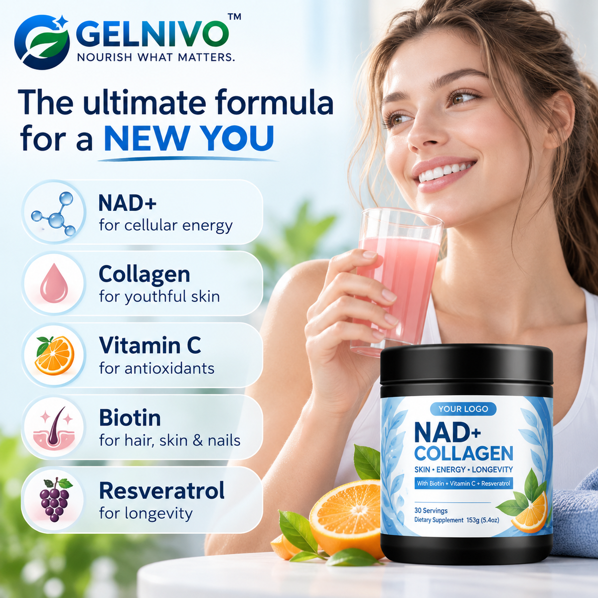 NAD+ Collagen Powder with Resveratrol, Biotin & Vitamin C | OEM/ODM Private Label