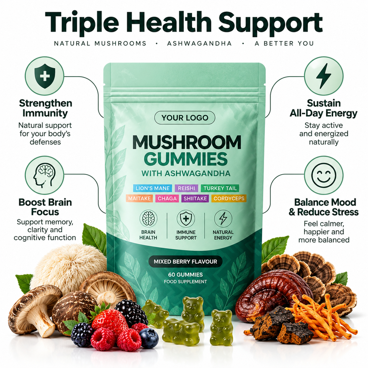 7 Mushroom Complex Gummies with Ashwagandha for Focus, Immunity & Energy | OEM/ODM Private Label