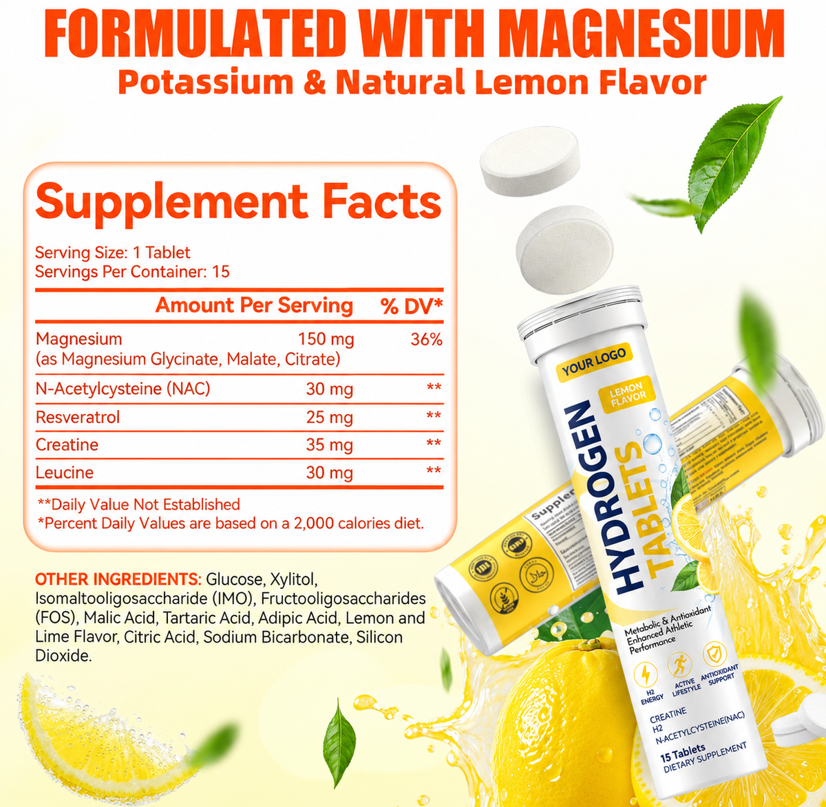 Molecular Hydrogen Effervescent Tablets with Magnesium, NAC, Resveratrol & Creatine – Lemon Flavor | OEM/ODM Private Label