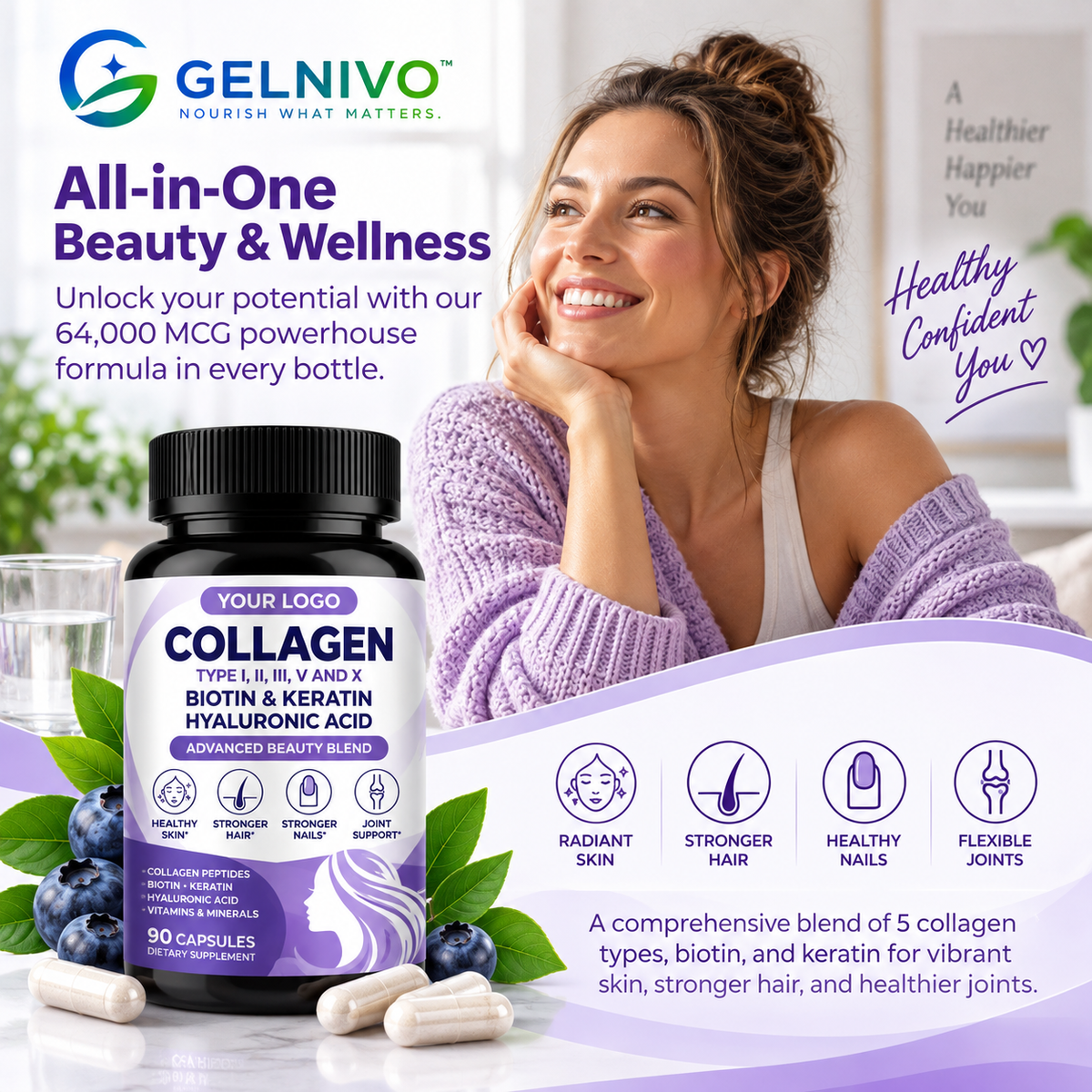 Multi Collagen Capsules with Biotin, Keratin & Hyaluronic Acid | OEM/ODM Private Label
