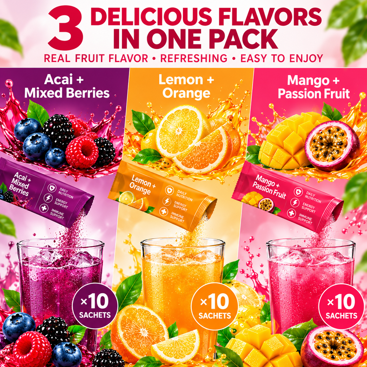 Multivitamin Superfood Drink Powder with Probiotics, Electrolytes, Greens & Mushrooms – 3 Flavor Variety Pack | OEM/ODM Private Label