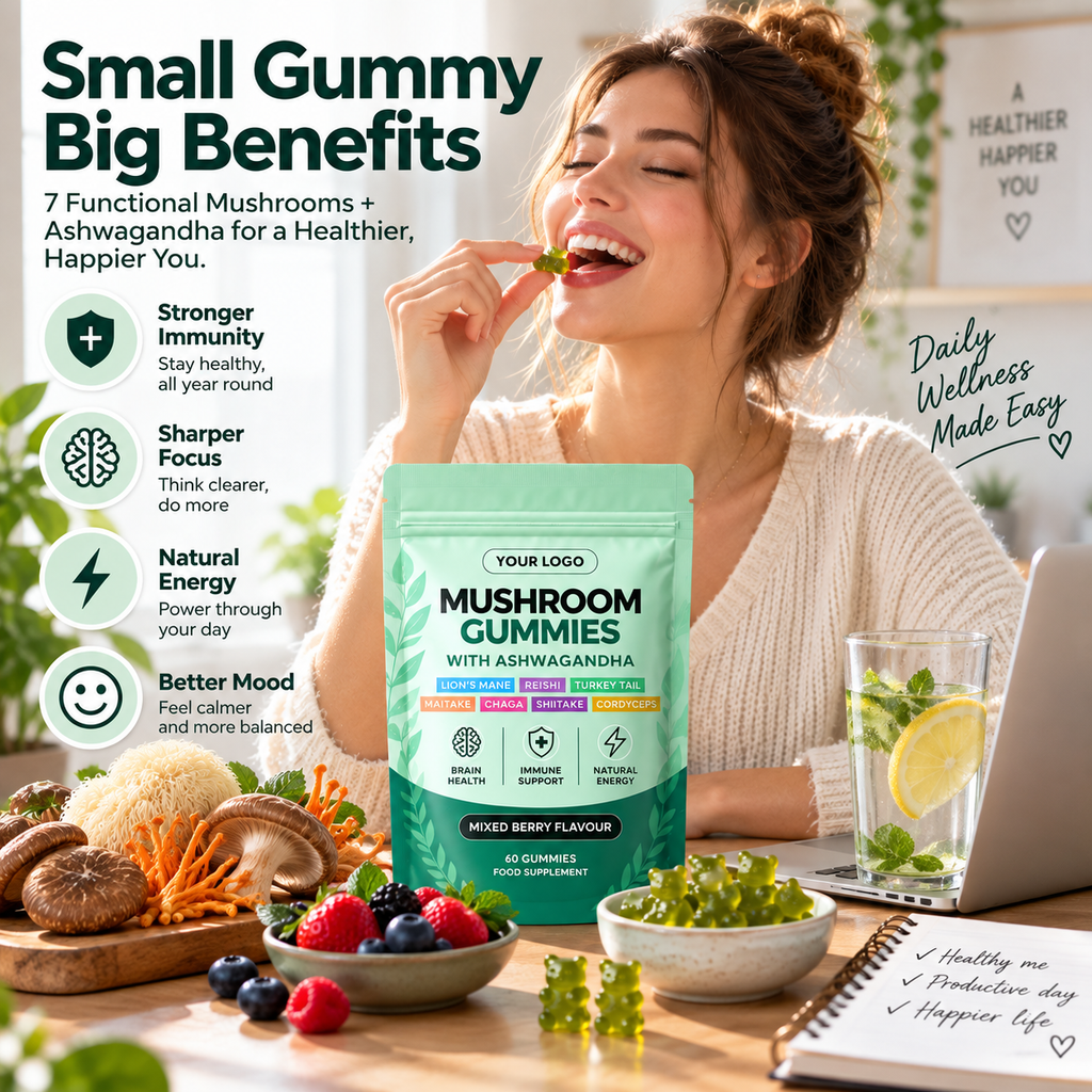 7 Mushroom Complex Gummies with Ashwagandha for Focus, Immunity & Energy | OEM/ODM Private Label