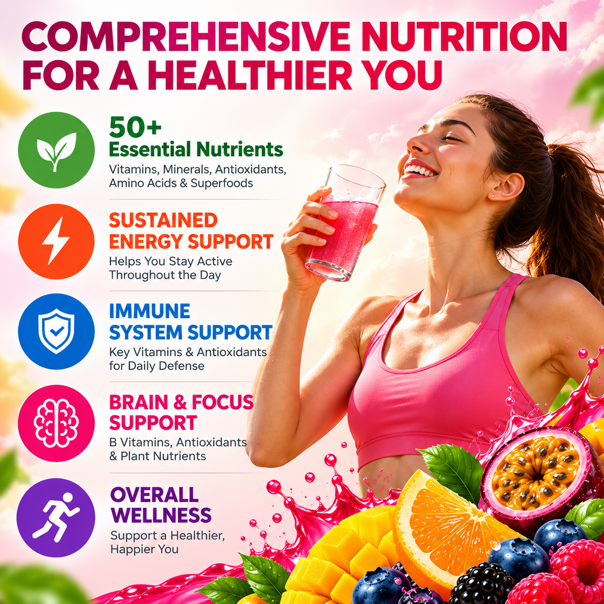 Multivitamin Superfood Drink Powder with Probiotics, Electrolytes, Greens & Mushrooms – 3 Flavor Variety Pack | OEM/ODM Private Label