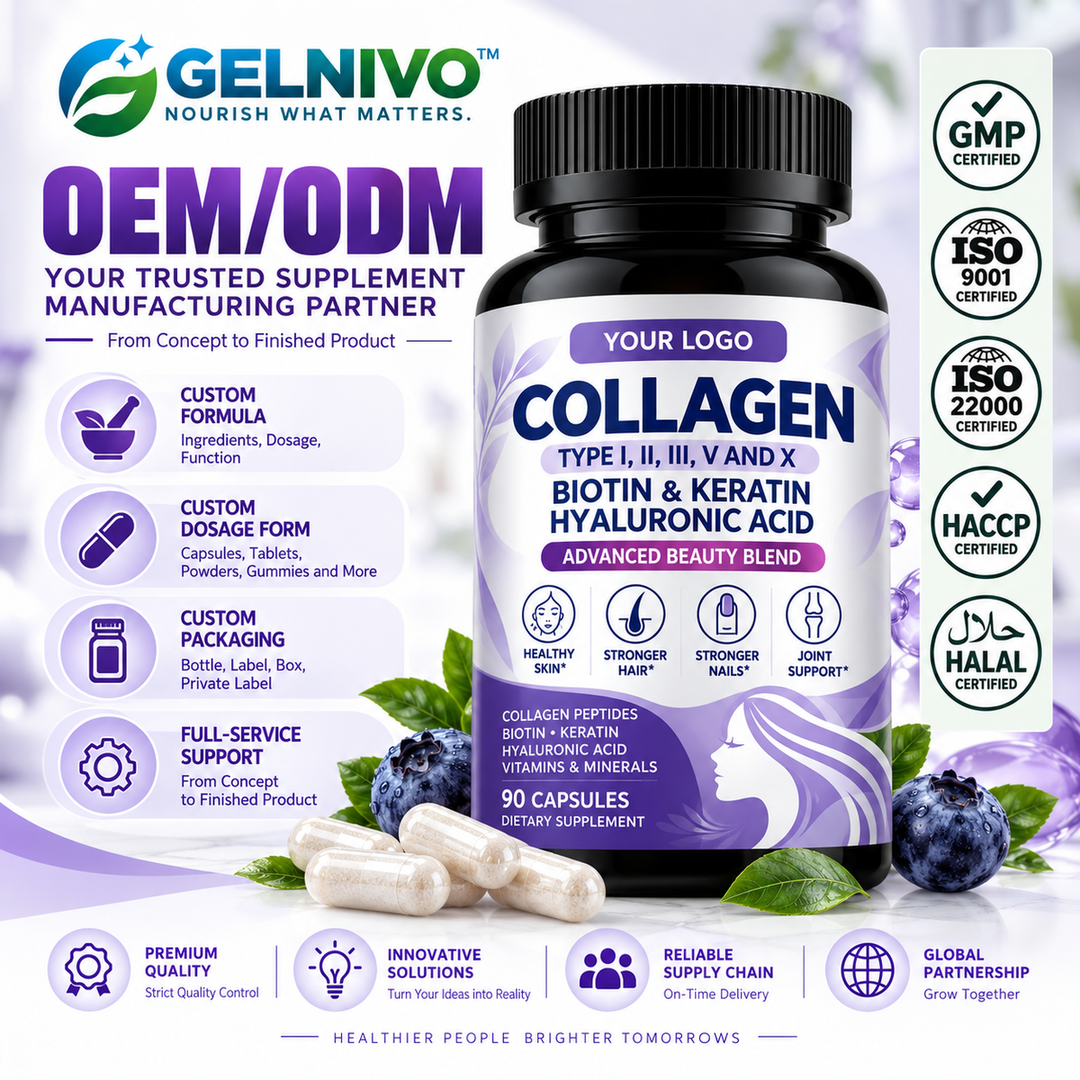 Multi Collagen Capsules with Biotin, Keratin & Hyaluronic Acid | OEM/ODM Private Label