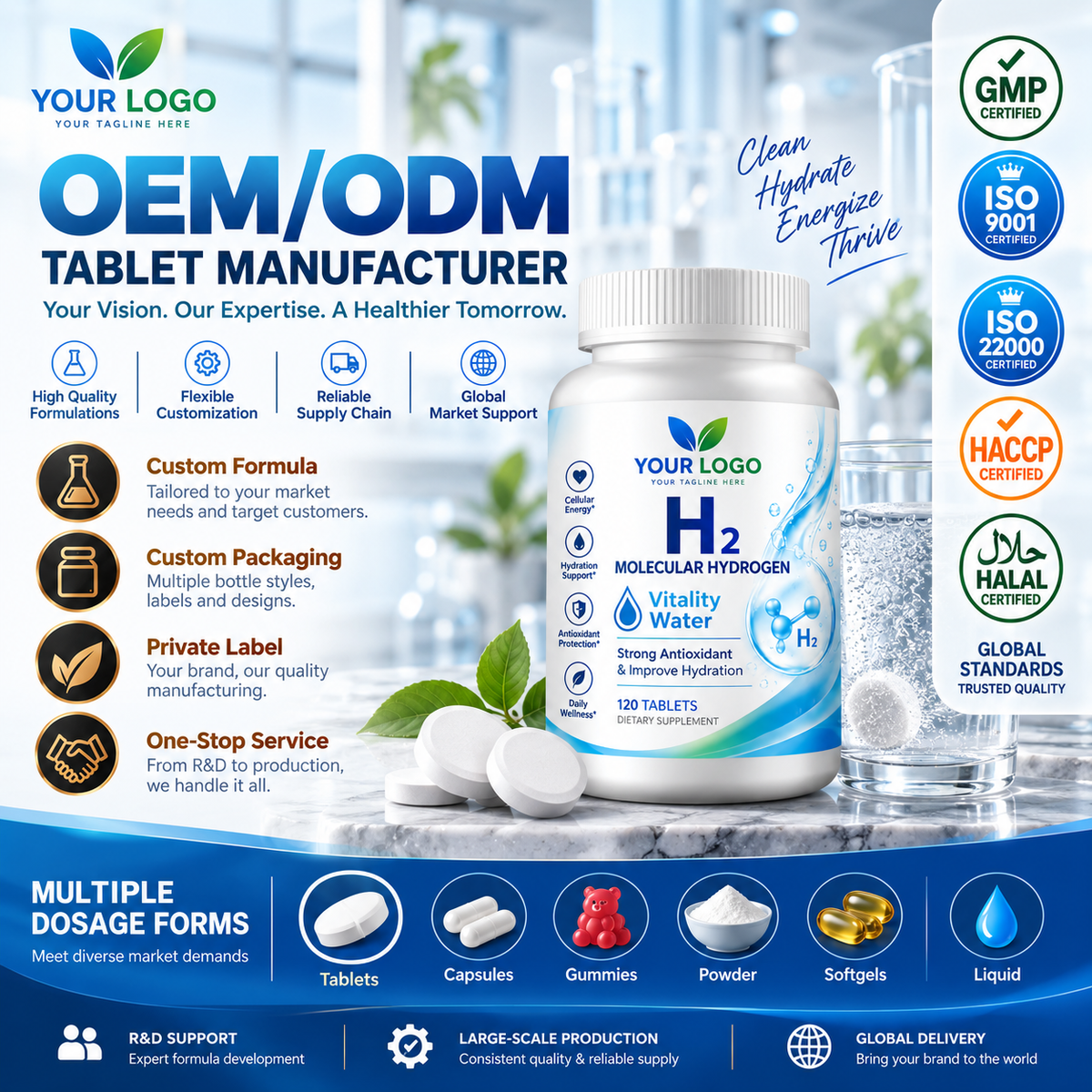 Molecular Hydrogen Water Tablets H2 Effervescent Tablets for Antioxidant Support | OEM/ODM Private Label