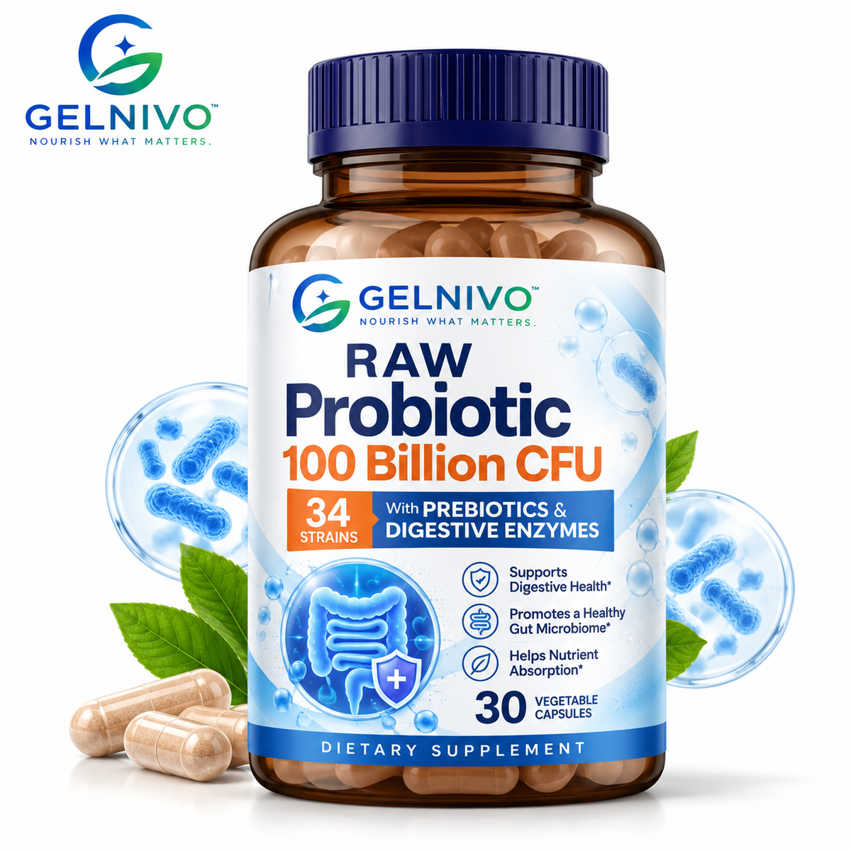 Raw Probiotic 100 Billion CFU 34 Strains with Prebiotics & Digestive Enzymes | OEM/ODM Private Label