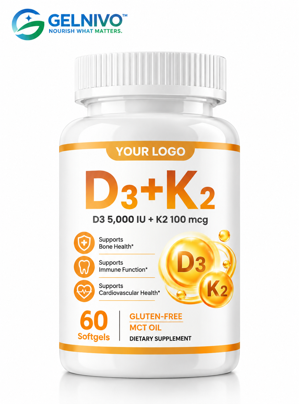 Vitamin D3 5000 IU + K2 100 mcg Softgels | Bone & Immune Support | OEM/ODM Private Label