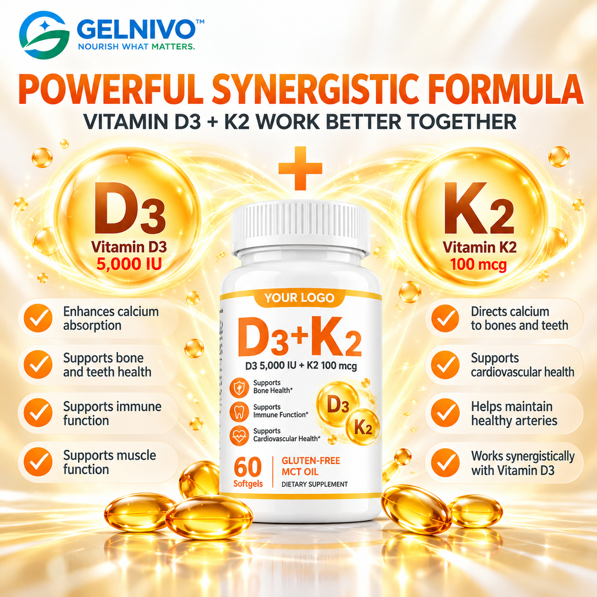 Vitamin D3 5000 IU + K2 100 mcg Softgels | Bone & Immune Support | OEM/ODM Private Label