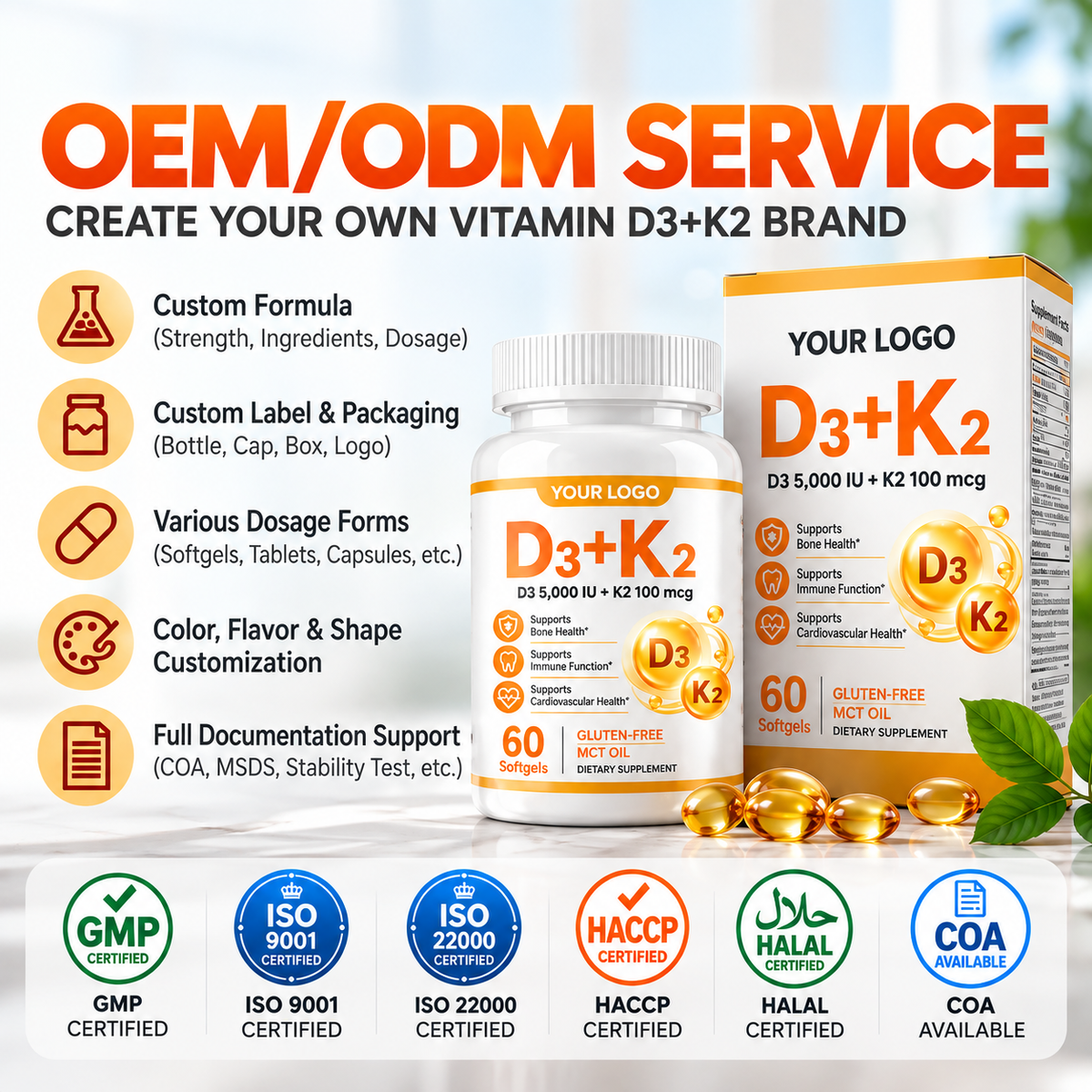 Vitamin D3 5000 IU + K2 100 mcg Softgels | Bone & Immune Support | OEM/ODM Private Label