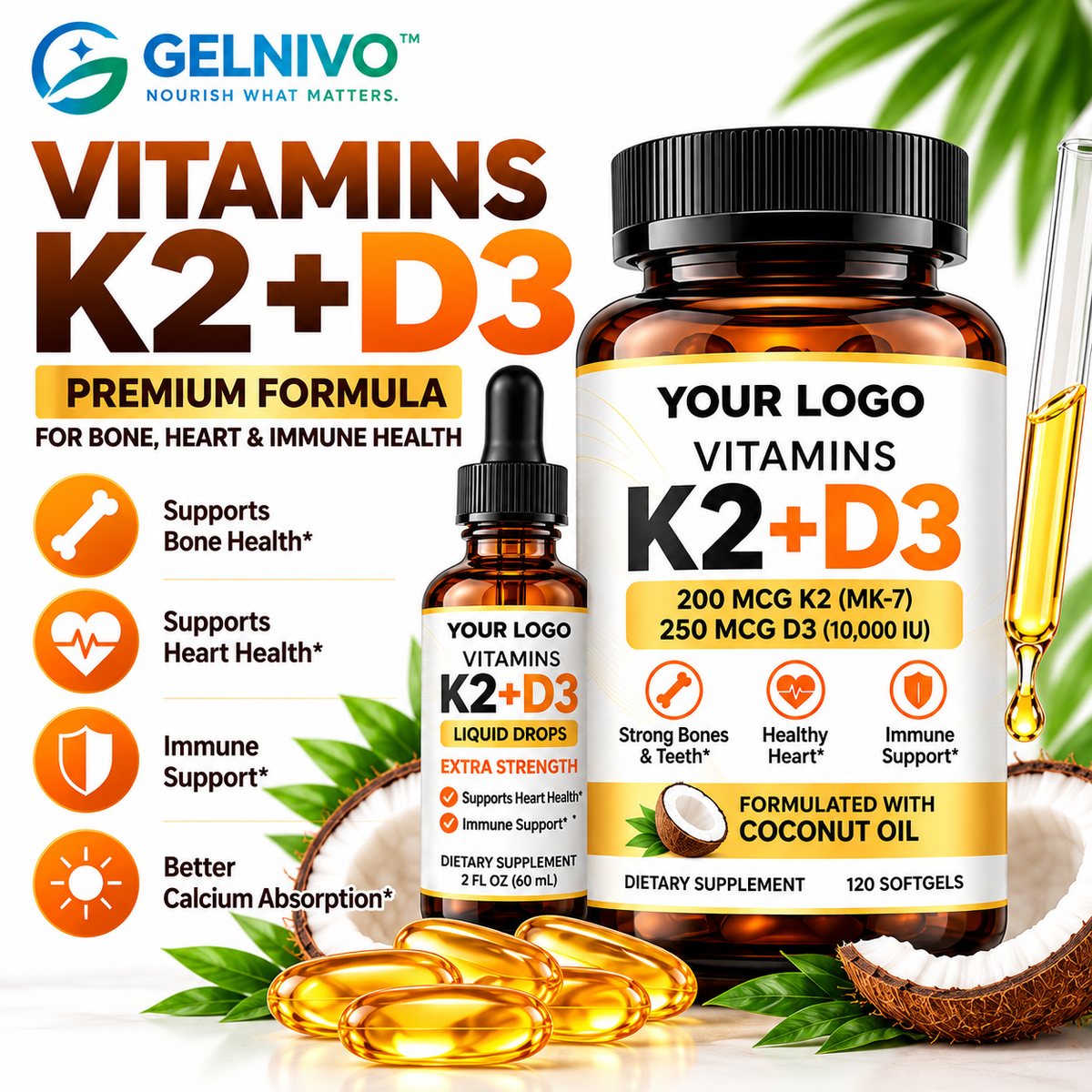 Vitamin D3 10000 IU + K2 MK-7 200 mcg Softgels | OEM/ODM Private Label